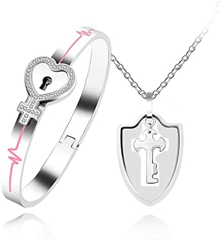 Tobestu Titanium Stainless Steel Lock Bangle Bracelet with Key Pendant Necklace Set Romantic Valentines Gifts for Boyfriend and Girlfriend