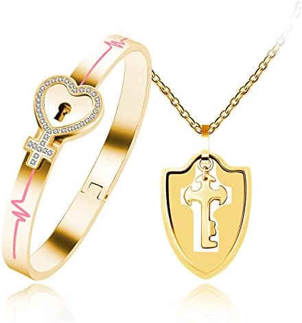 Tobestu Titanium Stainless Steel Lock Bangle Bracelet with Key Pendant Necklace Set Romantic Valentines Gifts for Boyfriend and Girlfriend