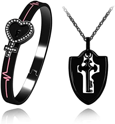 Tobestu Titanium Stainless Steel Lock Bangle Bracelet with Key Pendant Necklace Set Romantic Valentines Gifts for Boyfriend and Girlfriend