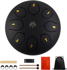 Eavnbaek Steel Tongue Drum 6 Inch 8 Note Steel Hand Drum with Bag, Music Book, Drumsticks, Mallet Holder and Finger Paddles, for Camping, Meditation or Yoga (Black)