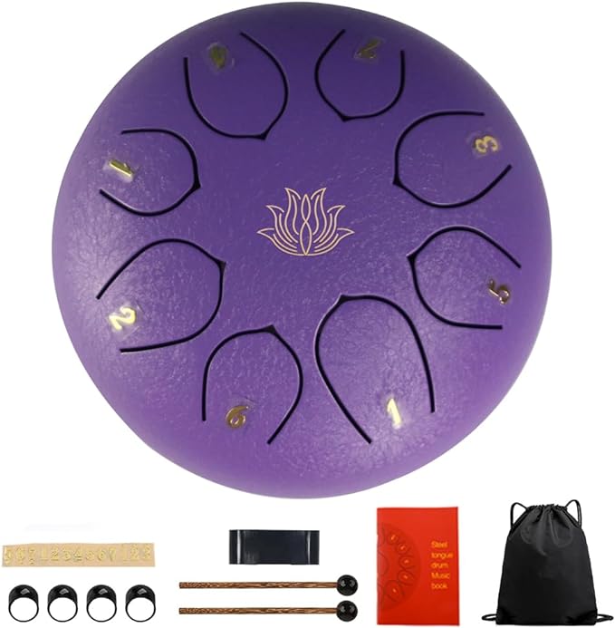 Eavnbaek Steel Tongue Drum 6 Inch 8 Note Steel Hand Drum with Bag, Music Book, Drumsticks, Mallet Holder and Finger Paddles, for Camping, Meditation or Yoga (Black)