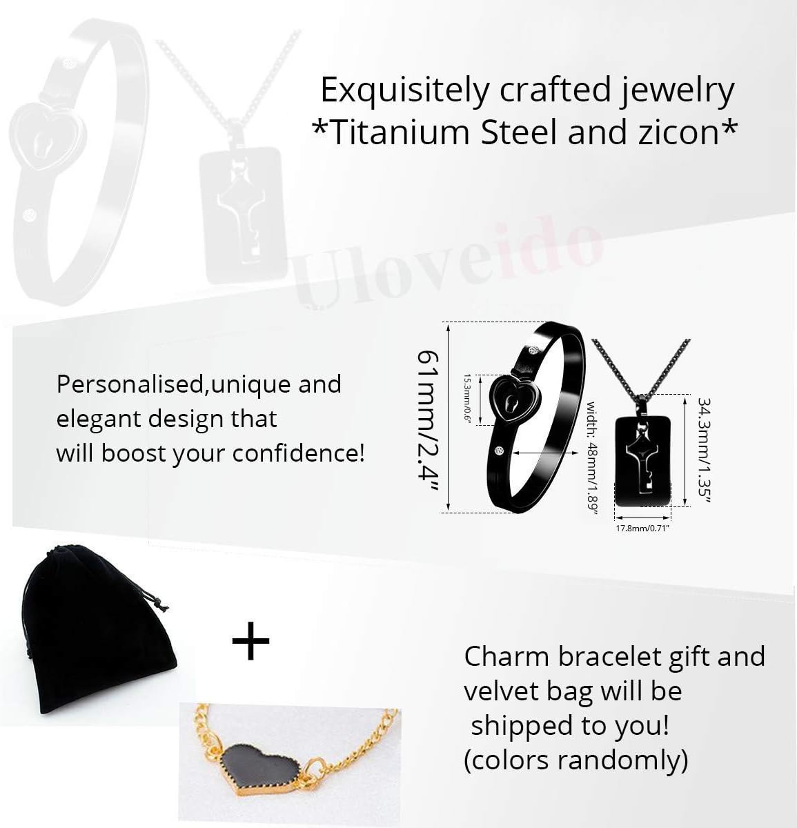 Tobestu Titanium Stainless Steel Lock Bangle Bracelet with Key Pendant Necklace Set Romantic Valentines Gifts for Boyfriend and Girlfriend