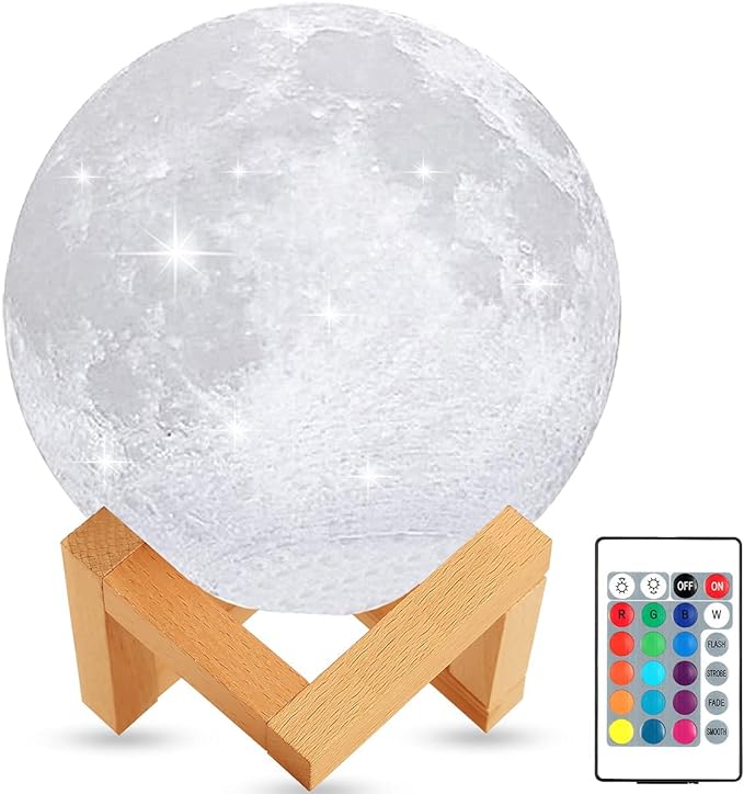 Moon Lamp with 16 Colors LED Night Light with Stand Time Setting Touch with Remote Control and USB Rechargeable 3D Printing Moon Light Lamps for Gifts 5.9inch