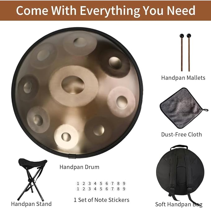 Eavnbaek Steel Tongue Drum 6 Inch 8 Note Steel Hand Drum with Bag, Music Book, Drumsticks, Mallet Holder and Finger Paddles, for Camping, Meditation or Yoga (Black)