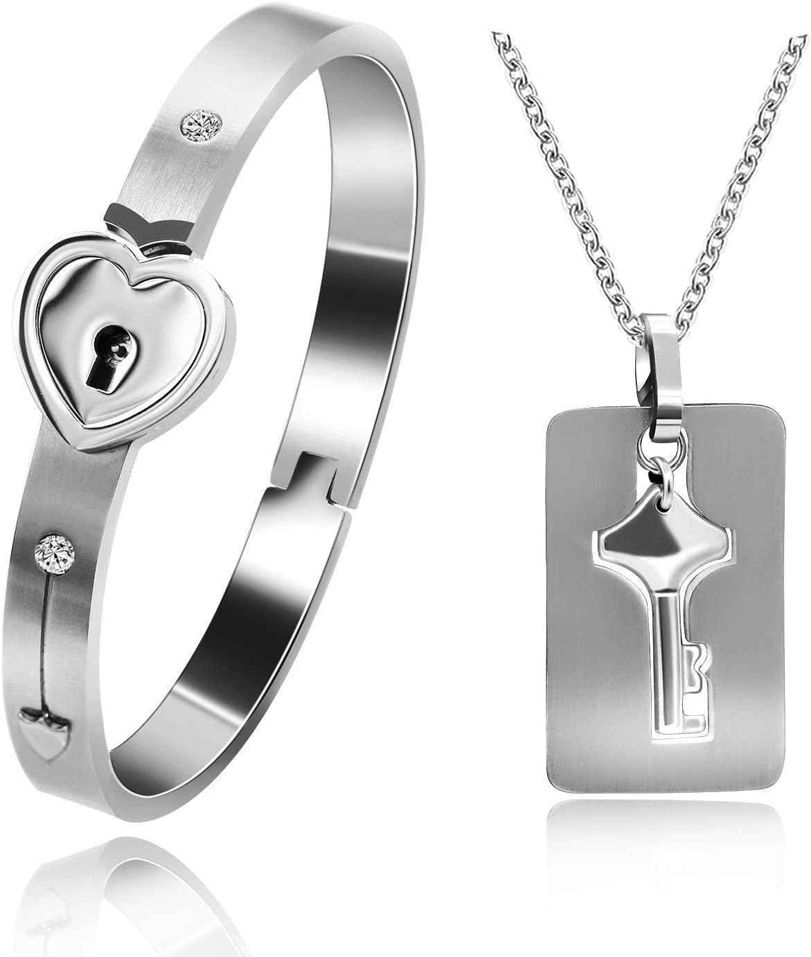 Tobestu Titanium Stainless Steel Lock Bangle Bracelet with Key Pendant Necklace Set Romantic Valentines Gifts for Boyfriend and Girlfriend