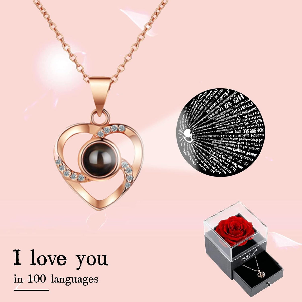 BrokSilent Preserved Rose Necklace with I Love You