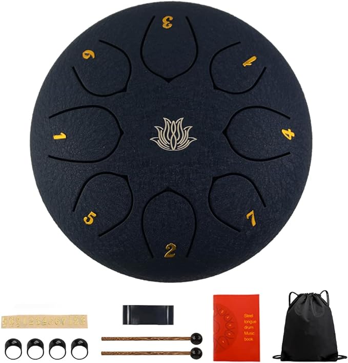 Eavnbaek Steel Tongue Drum 6 Inch 8 Note Steel Hand Drum with Bag, Music Book, Drumsticks, Mallet Holder and Finger Paddles, for Camping, Meditation or Yoga (Black)