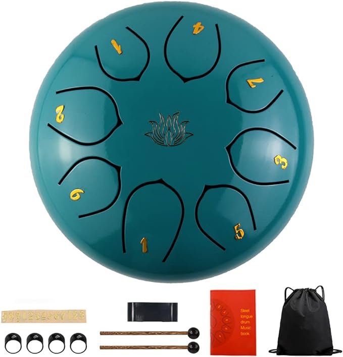 Eavnbaek Steel Tongue Drum 6 Inch 8 Note Steel Hand Drum with Bag, Music Book, Drumsticks, Mallet Holder and Finger Paddles, for Camping, Meditation or Yoga (Black)