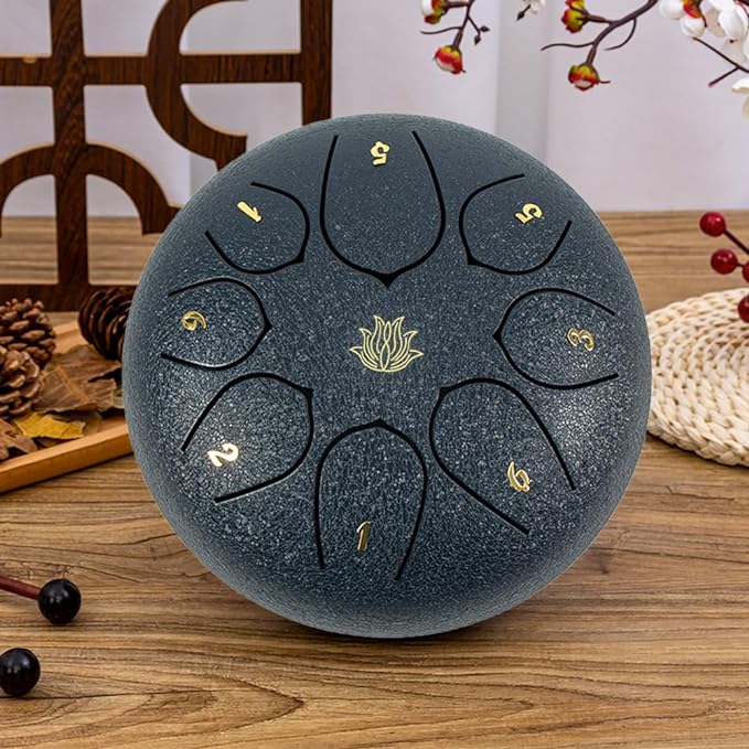 Eavnbaek Steel Tongue Drum 6 Inch 8 Note Steel Hand Drum with Bag, Music Book, Drumsticks, Mallet Holder and Finger Paddles, for Camping, Meditation or Yoga (Black)