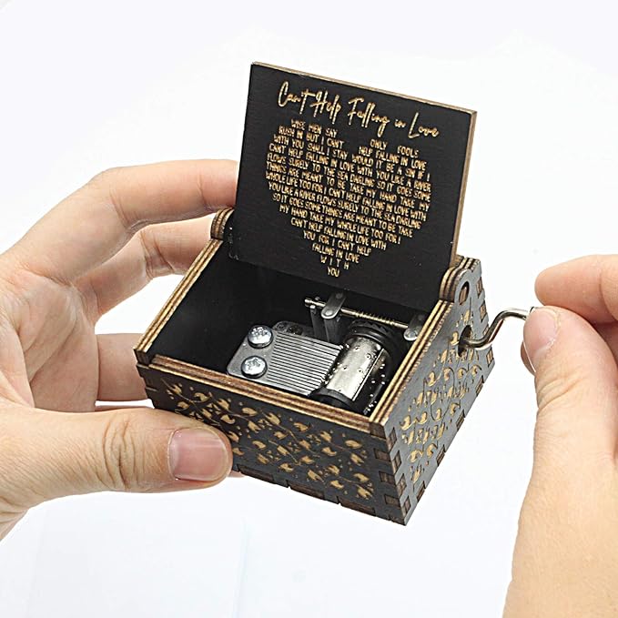 Can't Help Falling in Love Wood Music Box, Antique Engraved Musical Boxes Case for Love One Wooden Music Box - Gifts for Lover, Boyfriend, Girlfriend, Husband, Wife (BLACK)