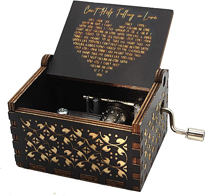 Can't Help Falling in Love Wood Music Box, Antique Engraved Musical Boxes Case for Love One Wooden Music Box - Gifts for Lover, Boyfriend, Girlfriend, Husband, Wife (BLACK)